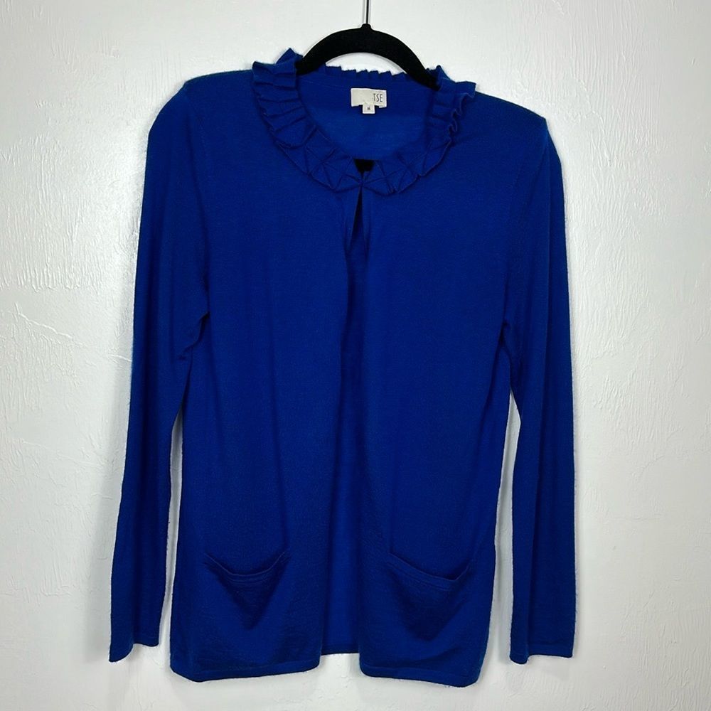 TSE Cashmere Royal Blue Ruffle Neck Pullover Sweater Size M